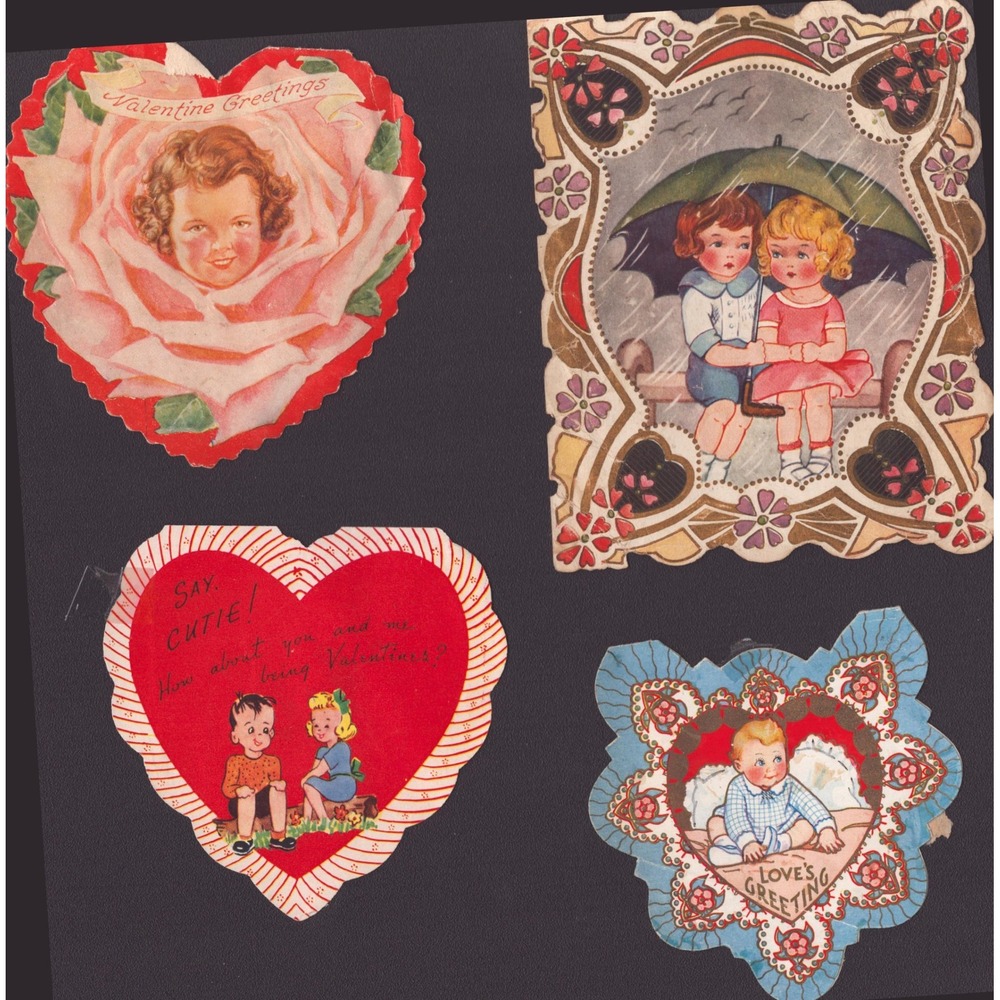 Vintage Die Cut Valentine Cards Lot of 4 Whitney Made A-Meri-Card 1930s 1940s